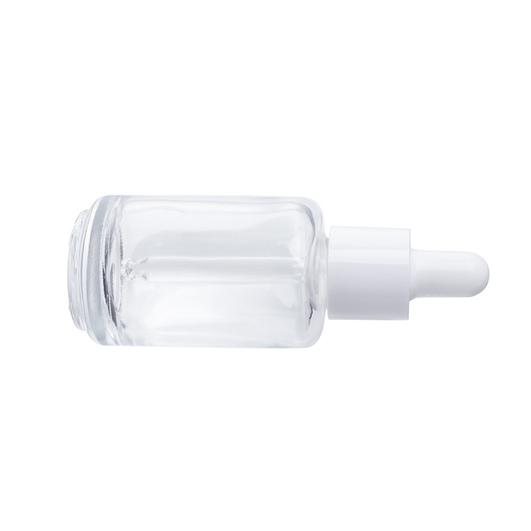 Frasco conta-gotas de vidro com dispensador de líquido de qualidade premium transparente de 30 ml com cilindro de ombro plano para óleo essencial de soro