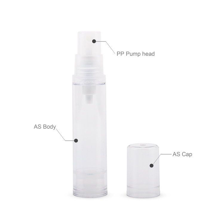 Embalagens de cuidados pessoais Embalagens de cosméticos AS PP PE 5/10/12/15ML Garrafas de cosméticos bomba sem ar de luxo transparente sem ar